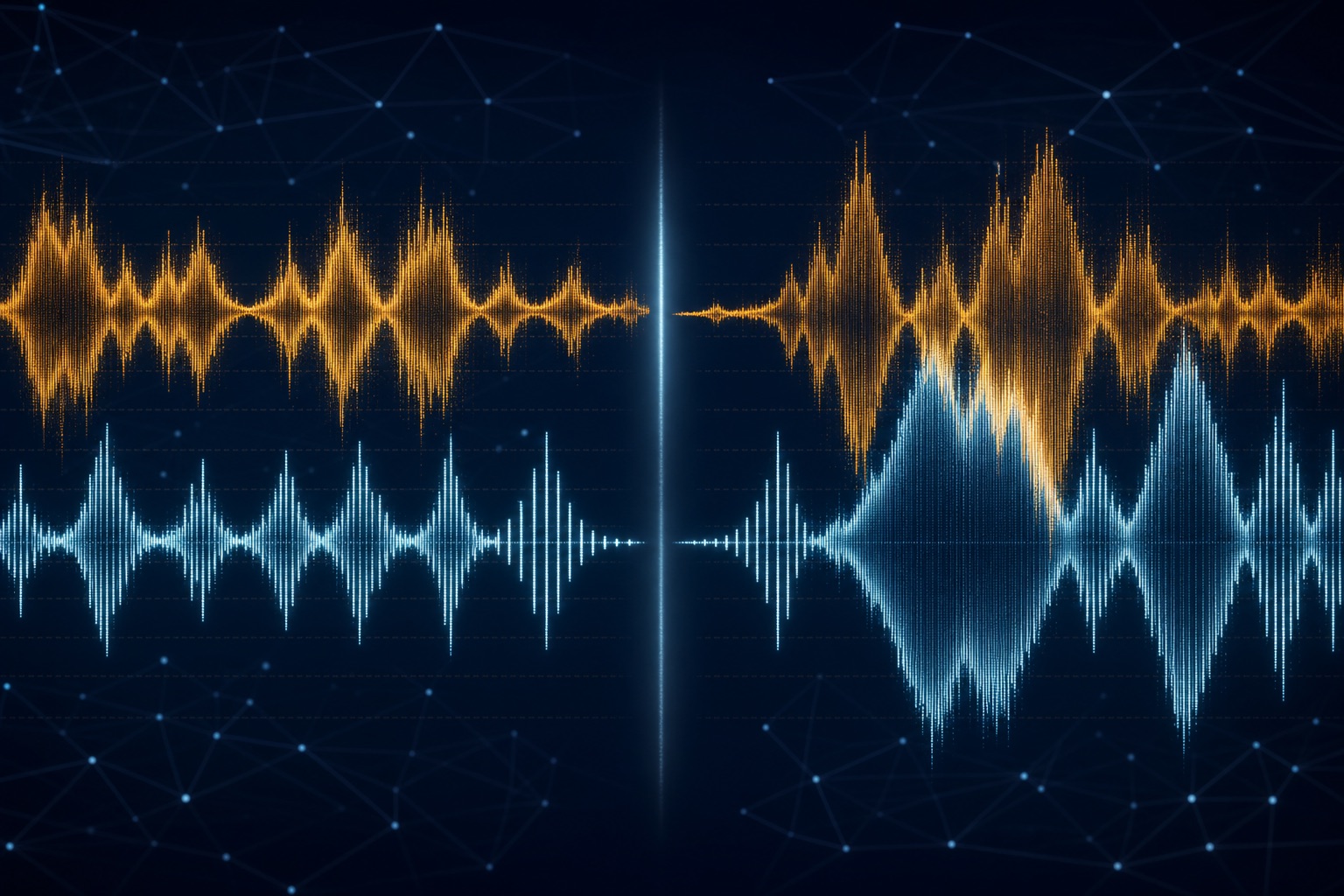 Two audio waveforms facing each other across a dark field with a glowing turn-taking gap between them