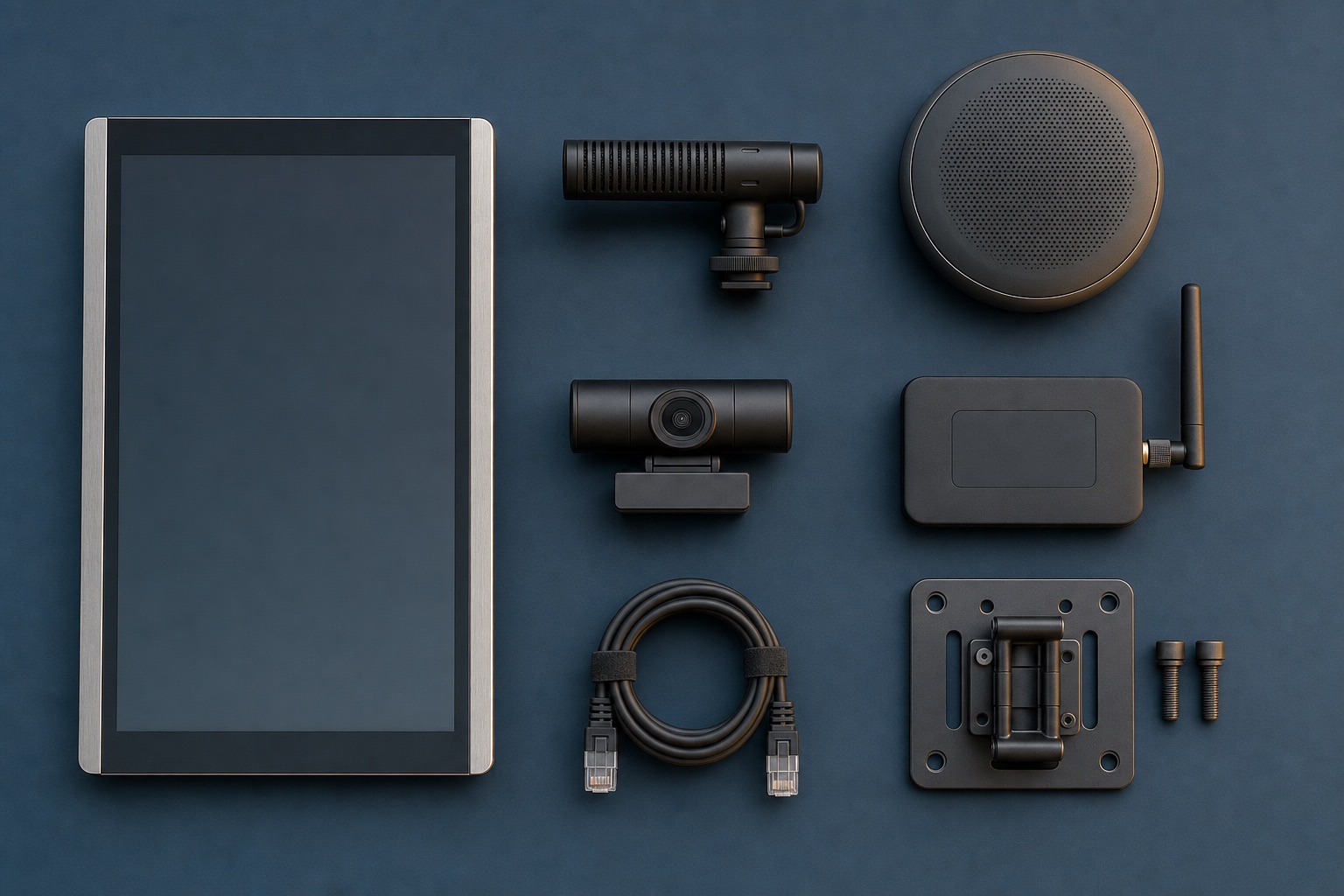 Overhead flat-lay of live AI agent installation hardware: touchscreen panel, directional microphone, USB speakerphone, webcam, cellular hotspot, Ethernet cable and VESA bracket