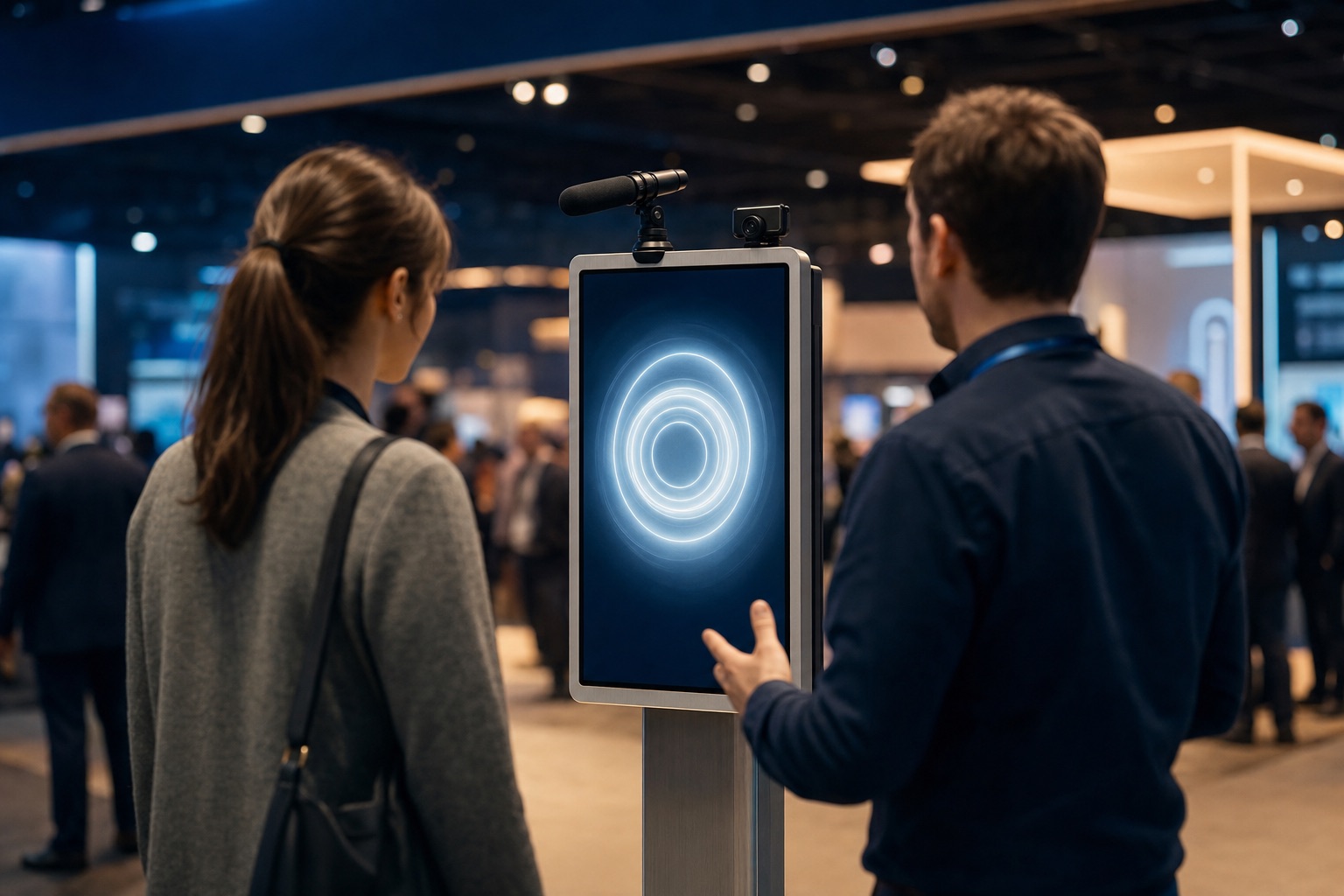 A trade show visitor talking to a live AI agent kiosk showing a glowing listening orb