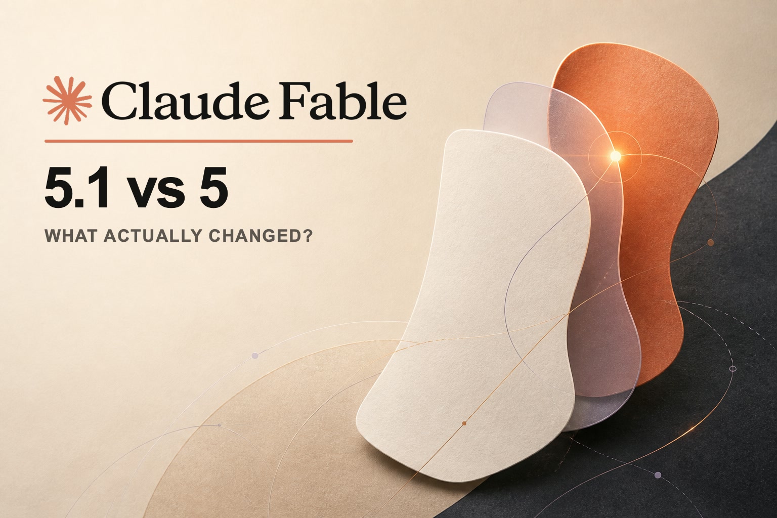Claude Fable logo and icon beside 5.1 vs 5 on a warm editorial background of layered abstract forms