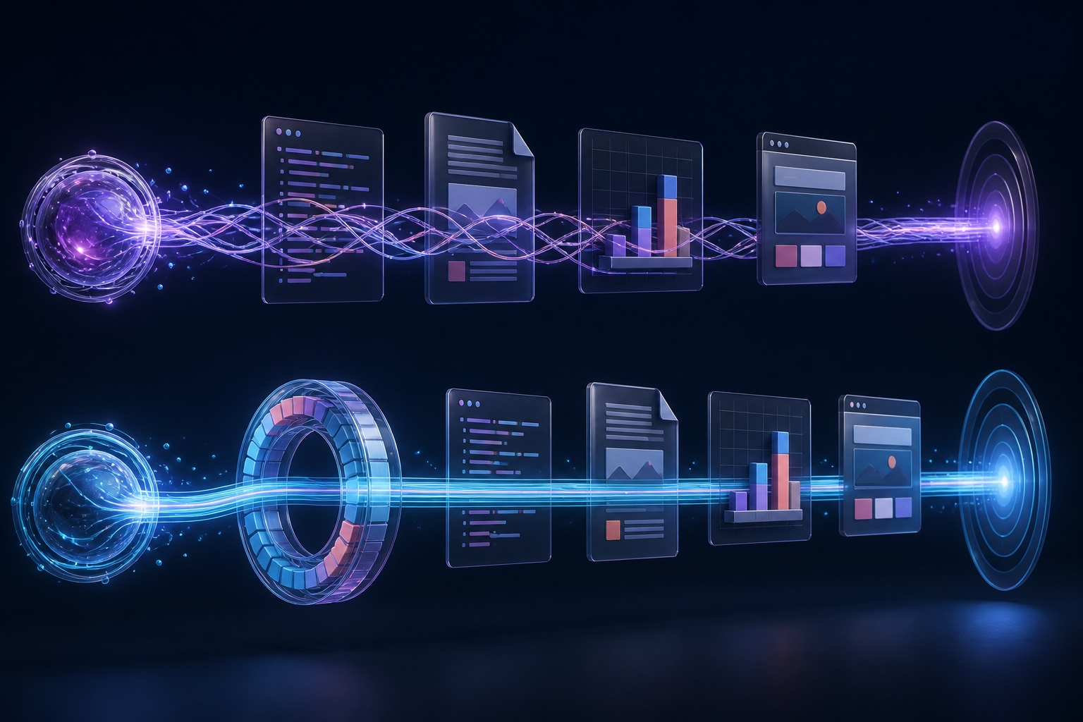 Two parallel AI workflow streams pass through code, documents, charts, and browser panels, with the lower path using a cache ring