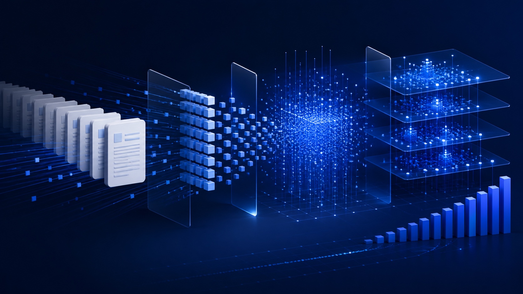 Business documents transform into geometric embedding vectors and an organized RAG retrieval index