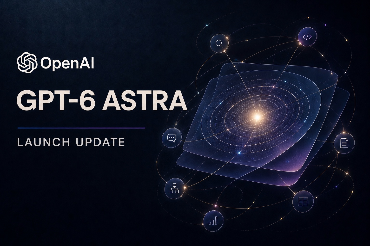OpenAI GPT-6 Astra launch update graphic with a luminous model core and orbiting agent tools