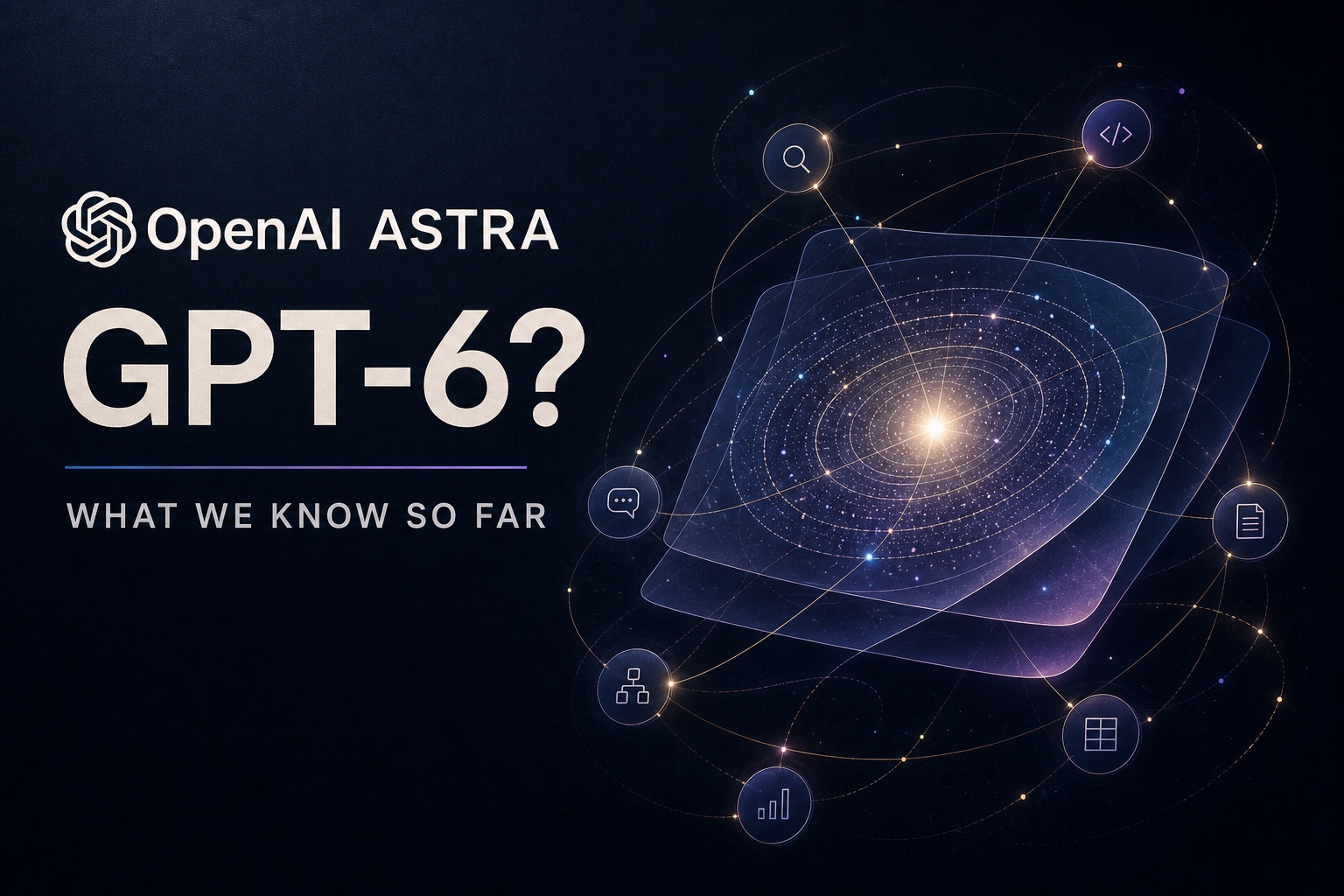 Graphique éditorial OpenAI Astra avec GPT-6 représenté sous forme de question et d'outils d'agent connectés en orbite autour d'un noyau de modèle lumineux