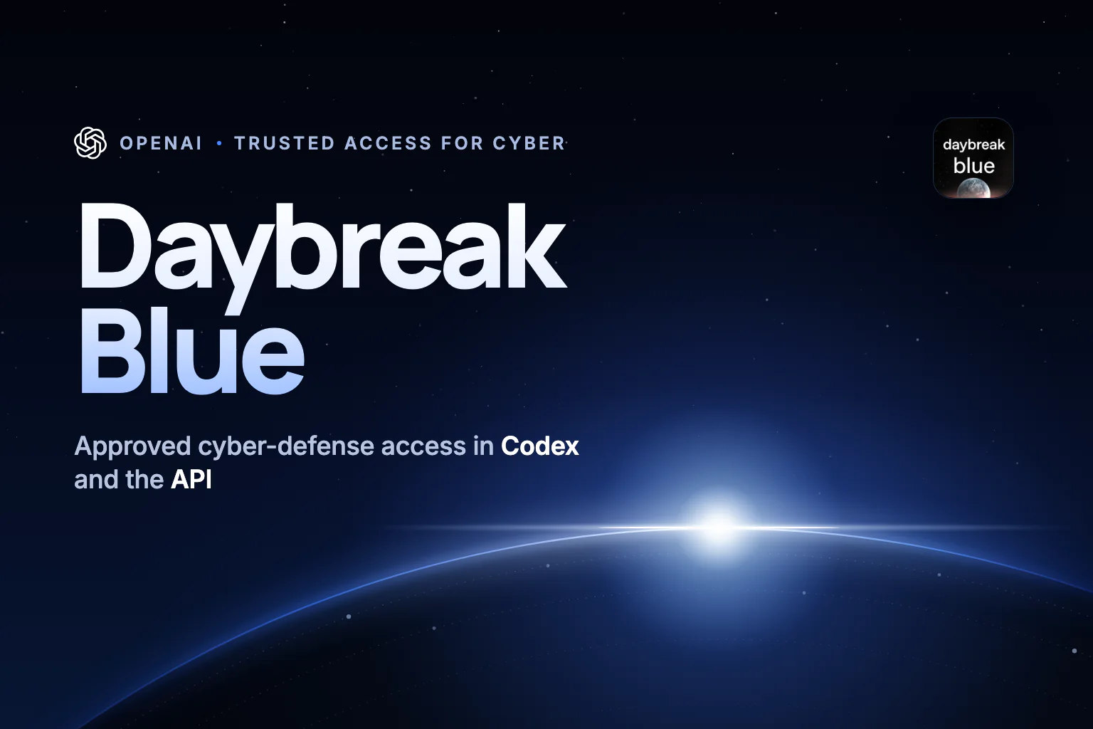 Graphique éditorial Daybreak Blue avec le logo OpenAI, le badge officiel Daybreak Blue et un lever de soleil bleu sur un horizon planétaire