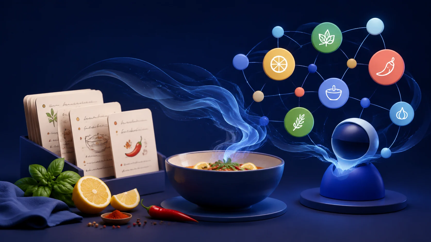 Recipe cards and ingredients connected to an AI knowledge assistant