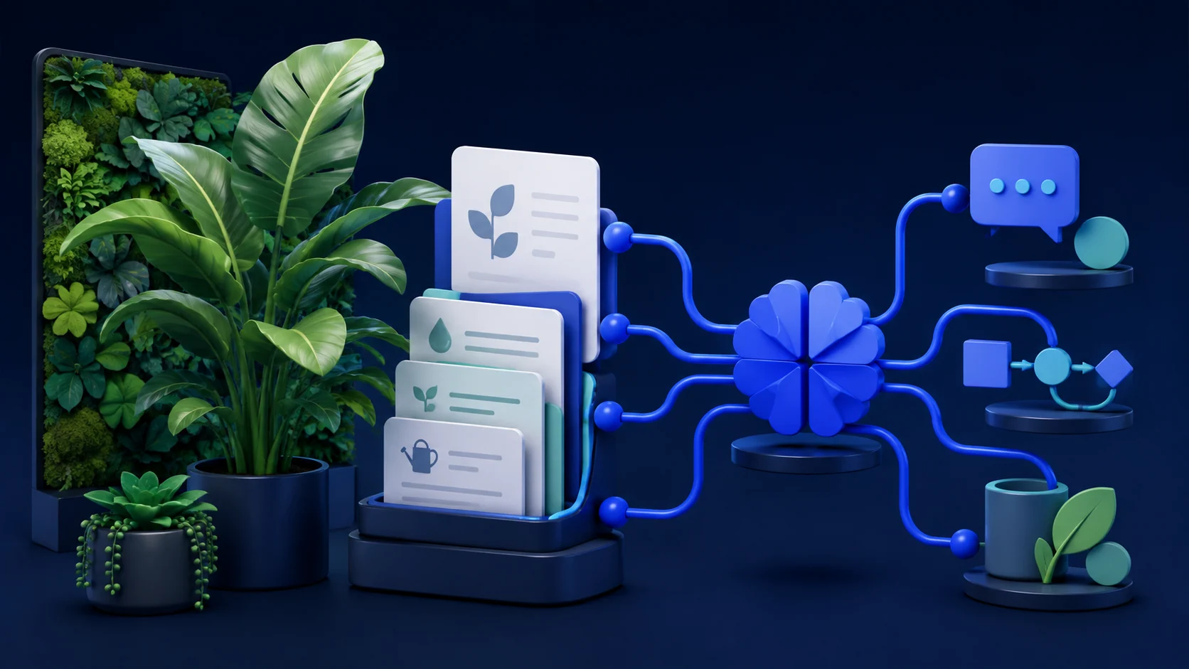 Business documents connected to an AI assistant beside office plants