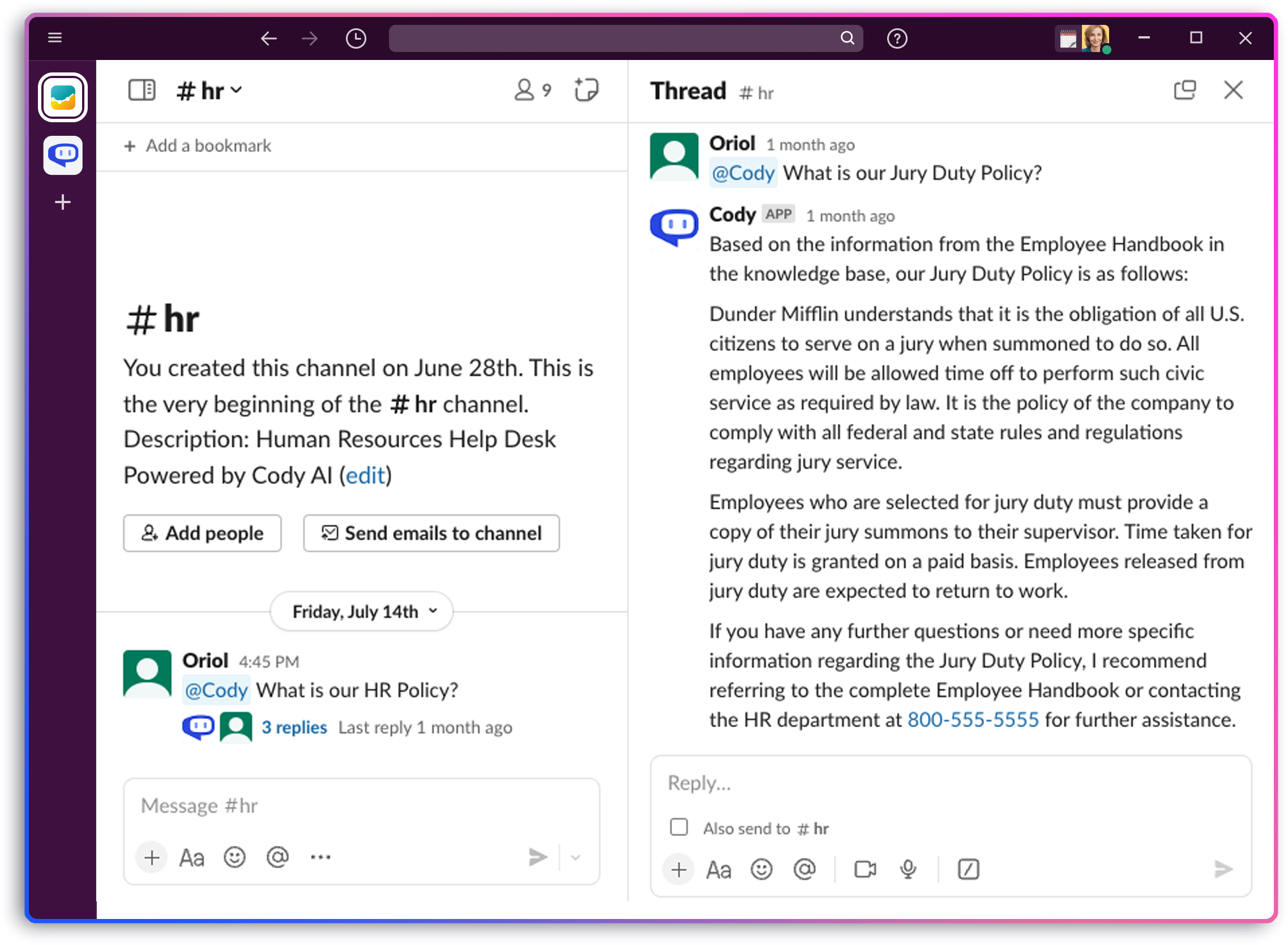 Slack 채널 내에서 Cody로부터 답변을 받는 팀