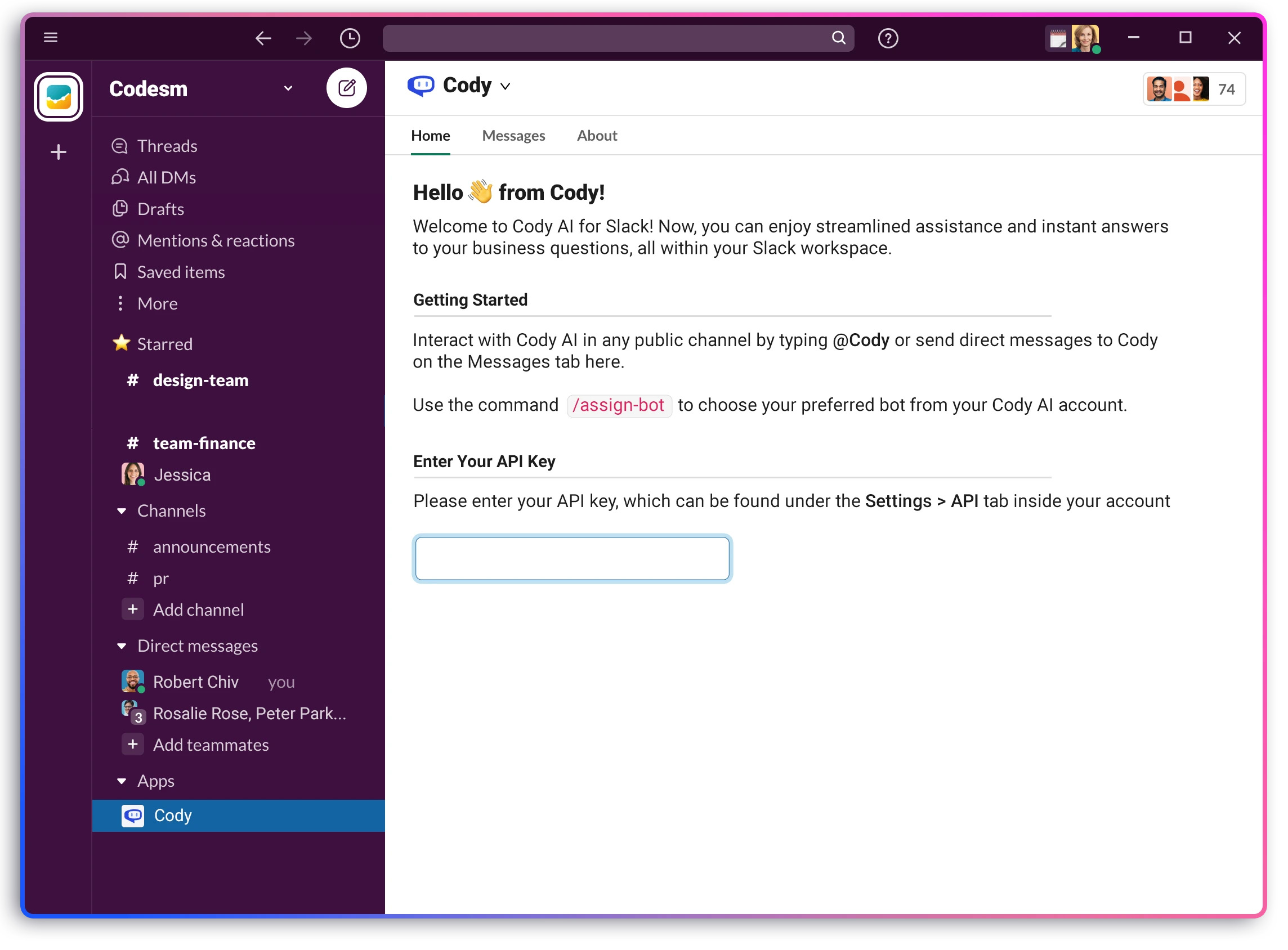 Slack 작업 공간 내 Cody AI 보조자 설정