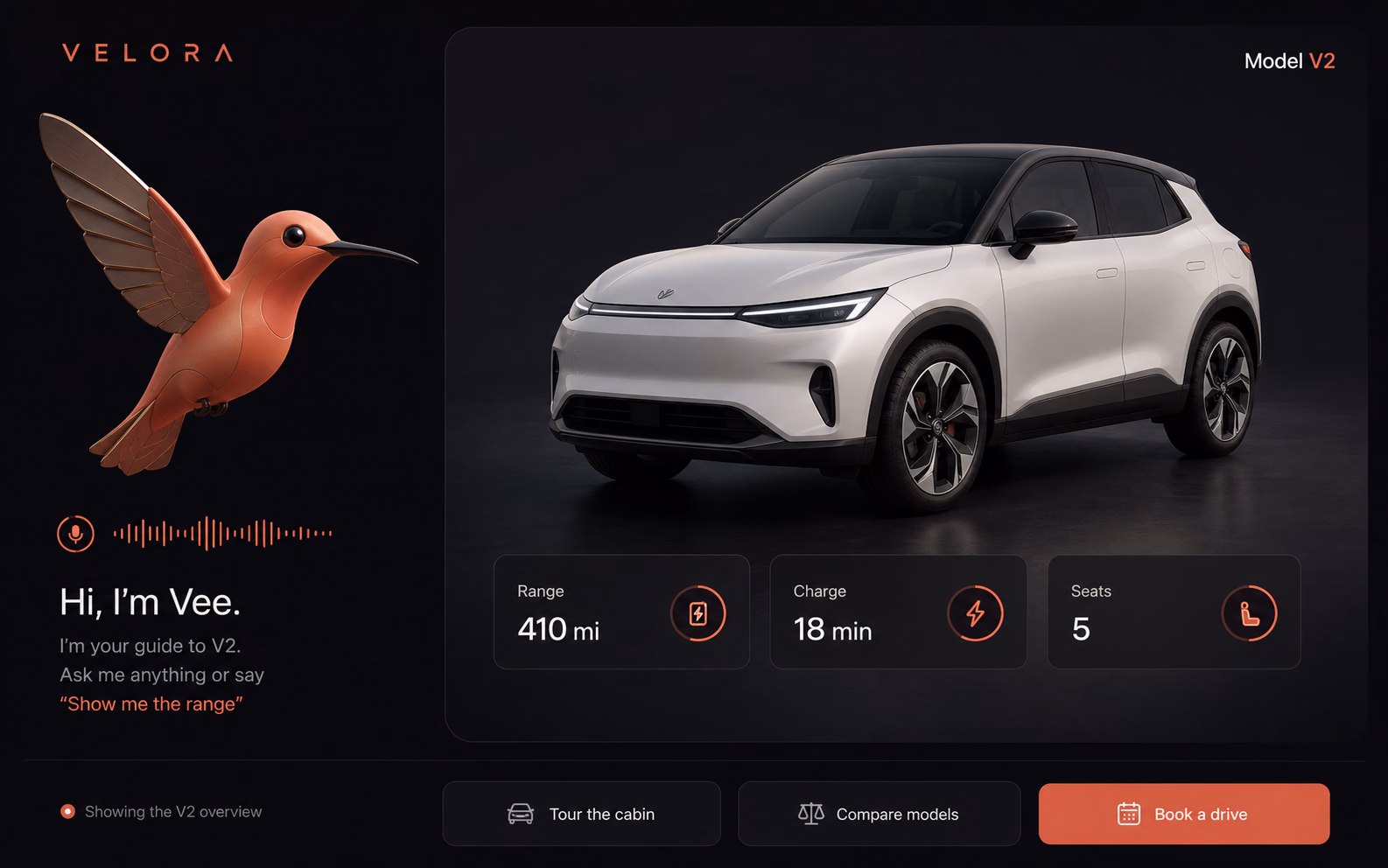 Cody Live hummingbird avatar presenting an electric vehicle product demo