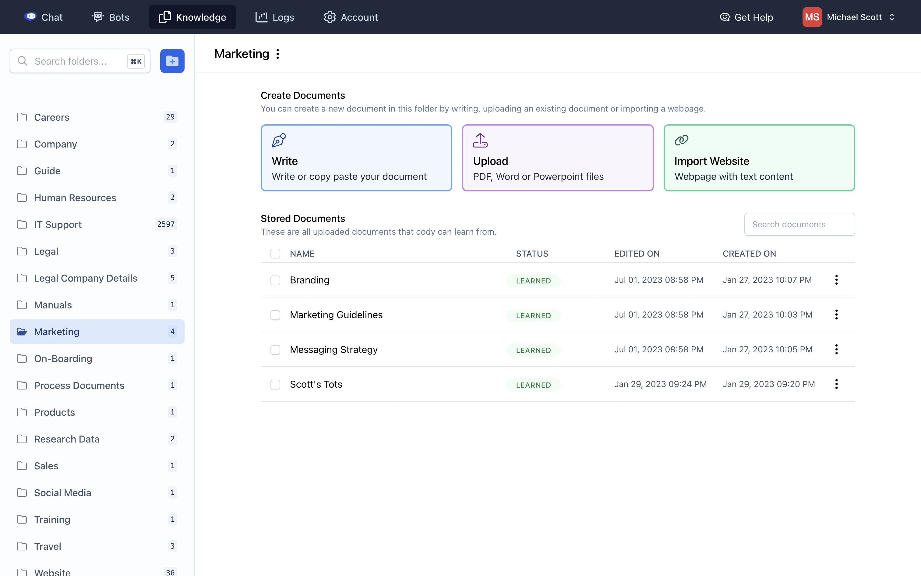 Cody knowledge base with options to upload files and import a website