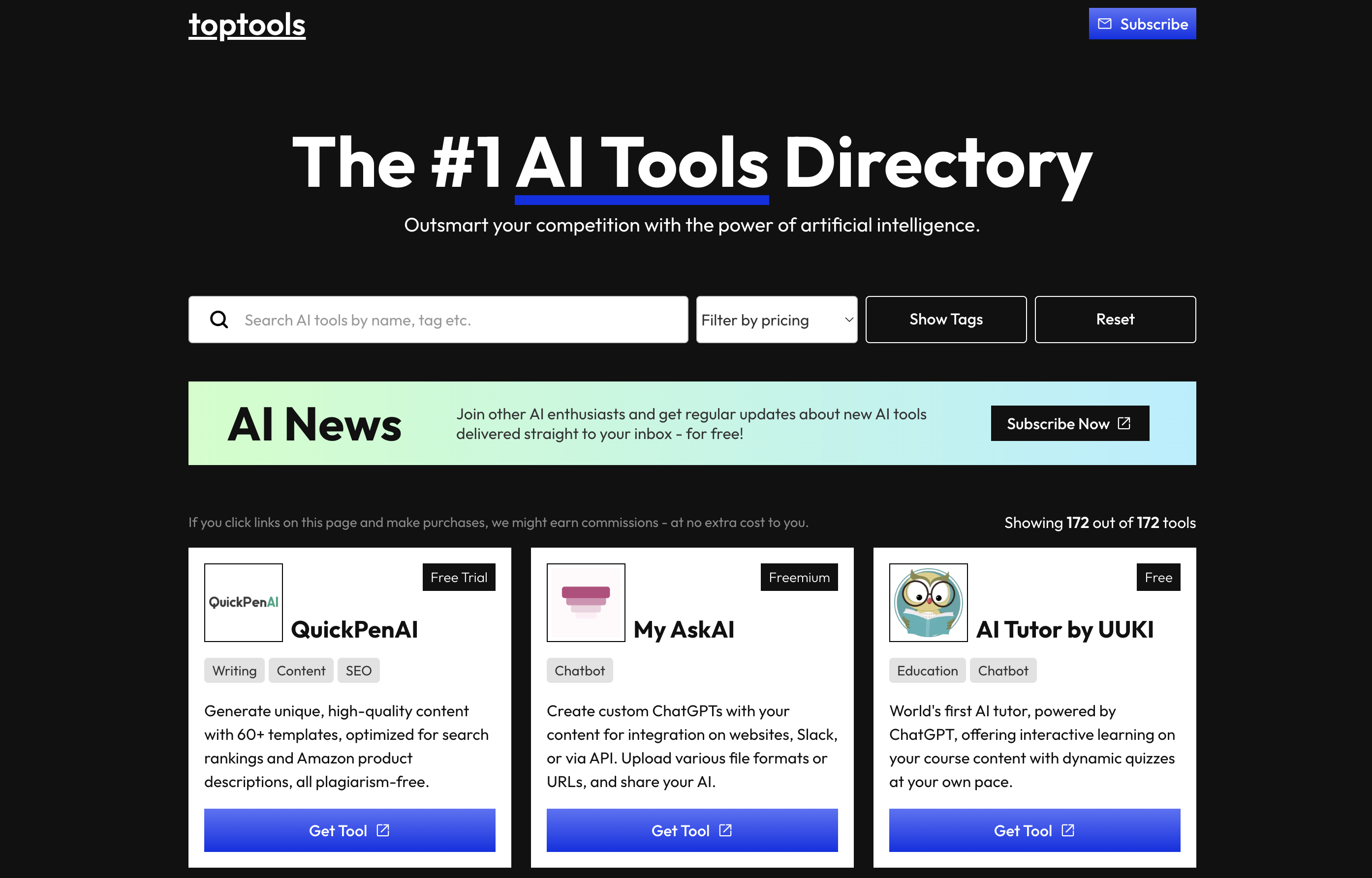 Top Tools is another excellent online AI tools directory that’s really simple to use. It’s a single-page website with dynamic search and display functionality. Jump into the website and browse their seemingly endless list of AI apps, or use the search box to find something specific. You can search by either the name of the app or by entering relevant tags.