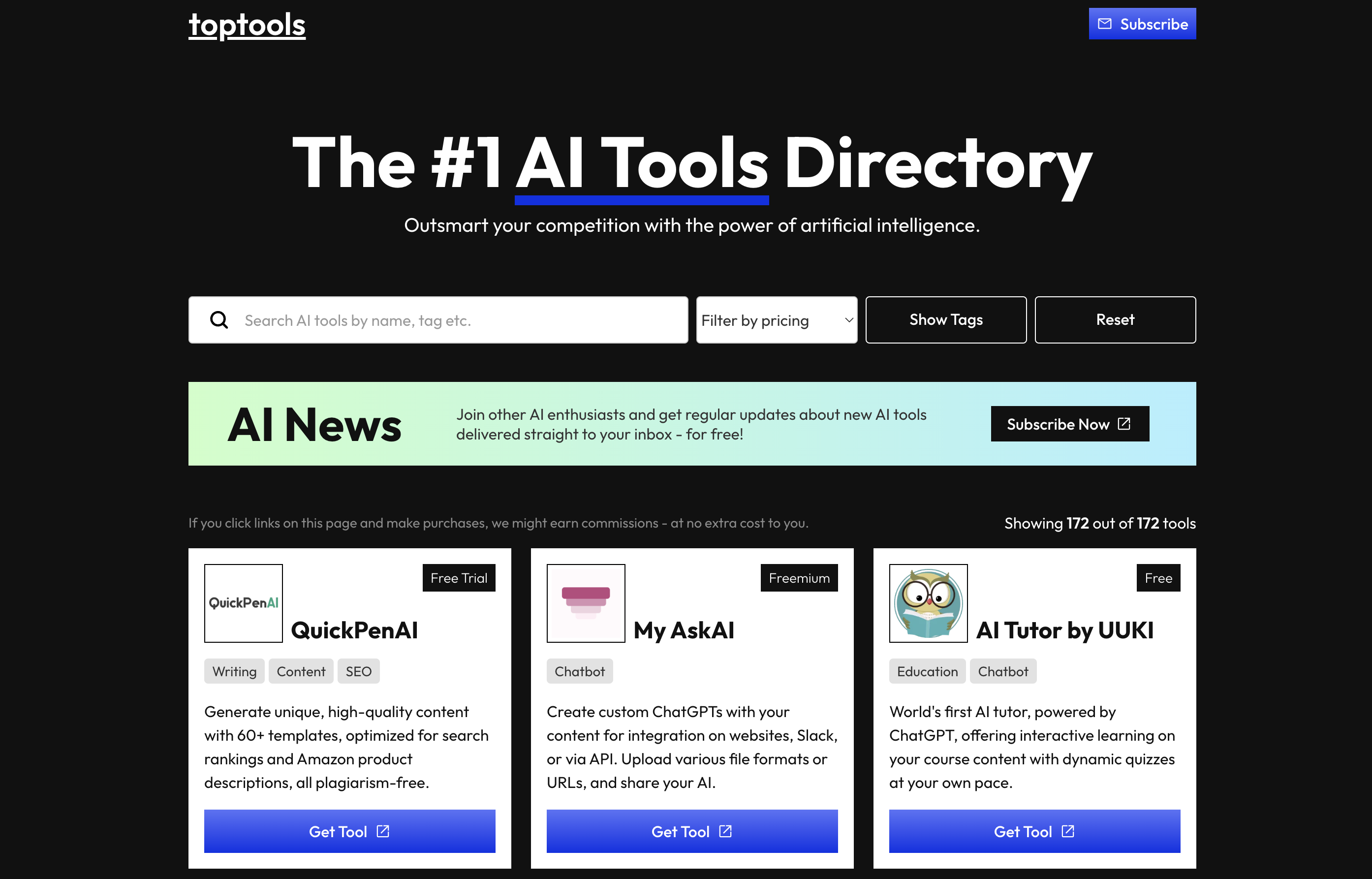 Top Tools es otro excelente directorio de herramientas de AI en línea muy fácil de usar. Es un sitio web de una sola página con búsqueda dinámica y funcionalidad de visualización. Entra en el sitio web y navega por su aparentemente interminable lista de aplicaciones de IA, o utiliza el cuadro de búsqueda para encontrar algo específico. Puedes buscar por el nombre de la aplicación o introduciendo etiquetas relevantes.