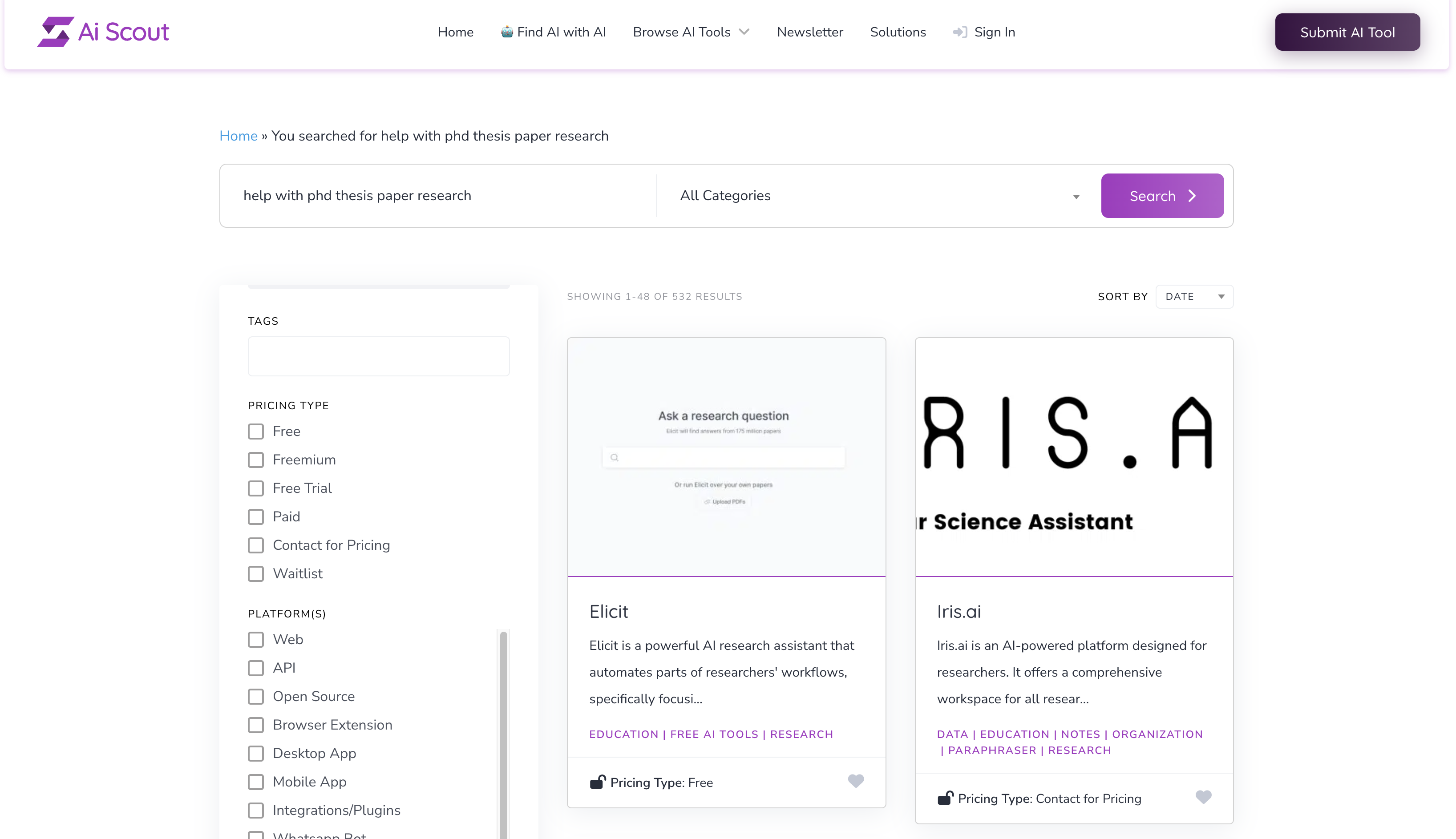 AI Scout ist ein bemerkenswertes Online-Verzeichnis mit vielen wesentlichen Merkmalen, wie sie in den vorangegangenen Verzeichnissen beschrieben wurden, sowie einigen einzigartigen und beeindruckenden Funktionen. Seine Datenbank enthält zum Zeitpunkt der Erstellung dieses Artikels 1404 Tools.