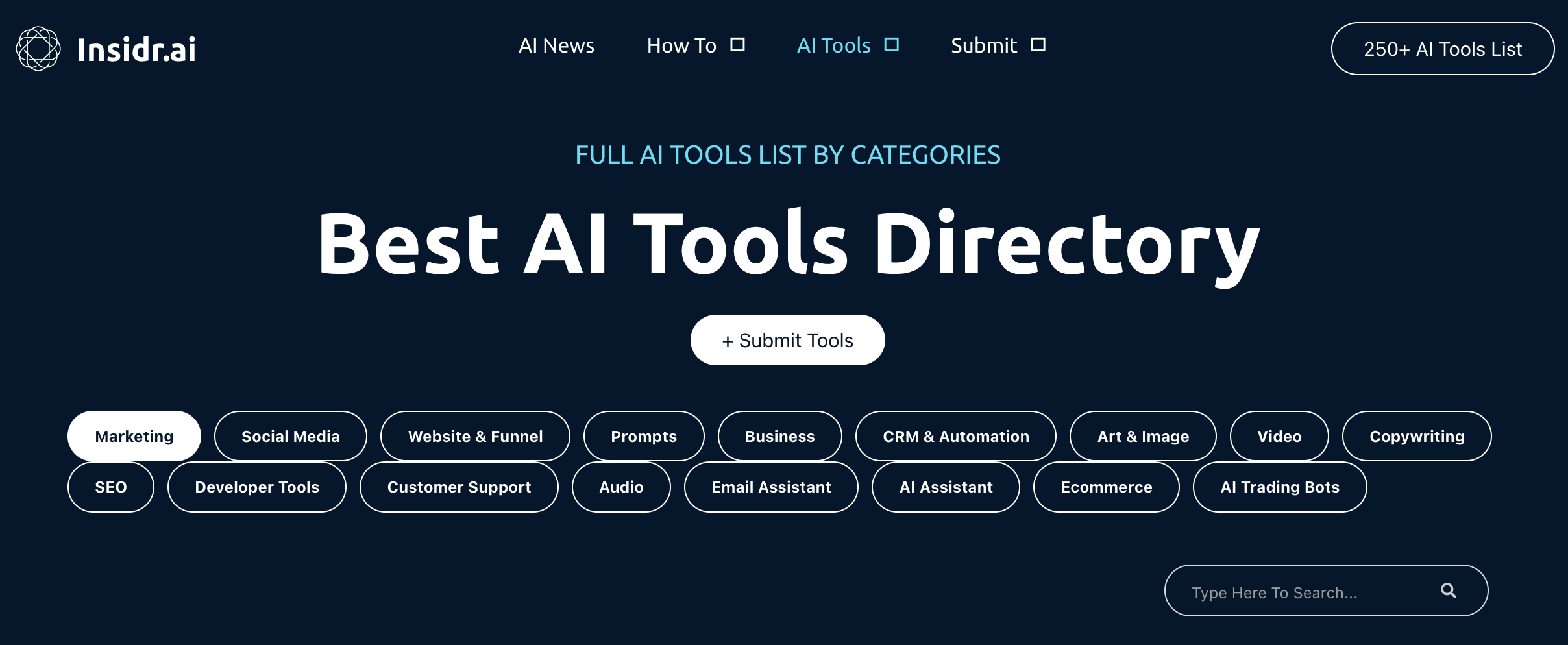 ربما يكون التصميم والواجهة الفاخرة والمستقبلية ل Insidr هو أول ما سيلفت انتباهك. يحتوي هذا الدليل عبر الإنترنت على مجموعة واسعة من أدوات الذكاء الاصطناعي 250+. يتضمن أدوات الذكاء الاصطناعي الأكثر شيوعا وعالية الجودة المتوفرة حاليا.