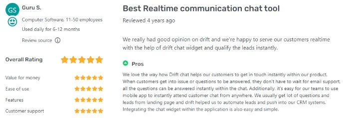 Drift's AI features are best for conversational marketing. 