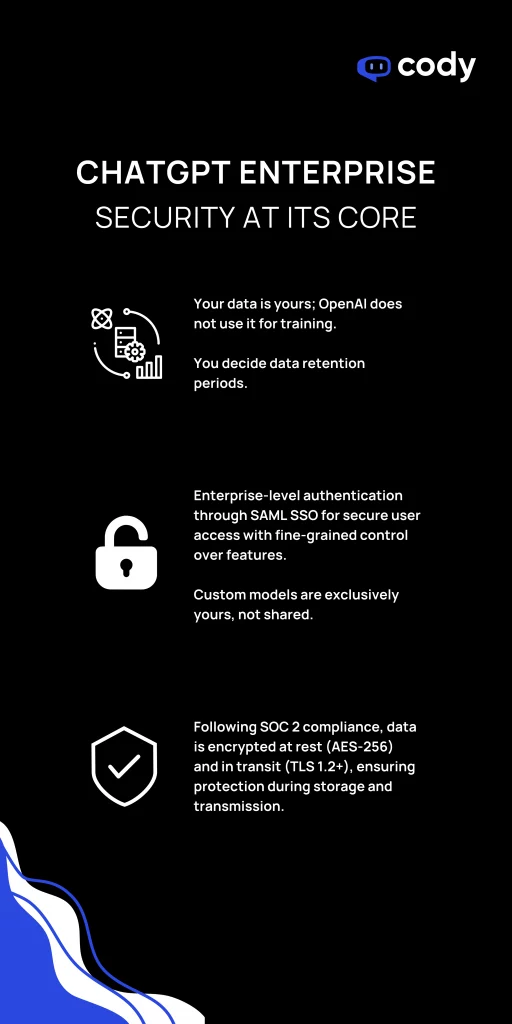 ¿Cómo de seguro es ChatGPT Enterprise? ChatGPT Enterprise prioriza la propiedad, el control y la seguridad de los datos.  